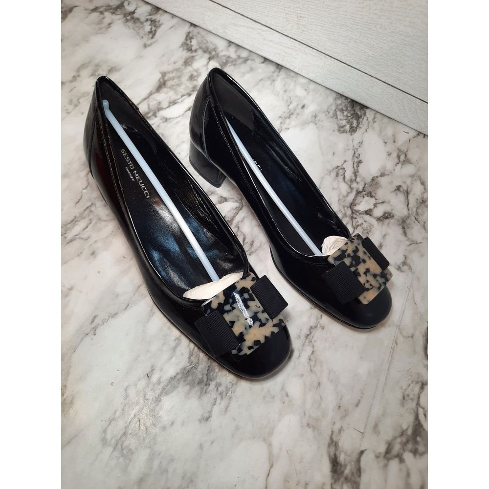 Sesto Muecci Hugga Low Heel Patent Pumps Black Crossgrain Bow Leather Sz.9 Italy